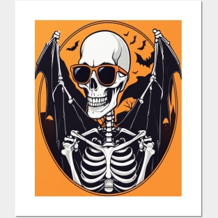 Halloween Skeleton with Bats Flying Around Posters and Art